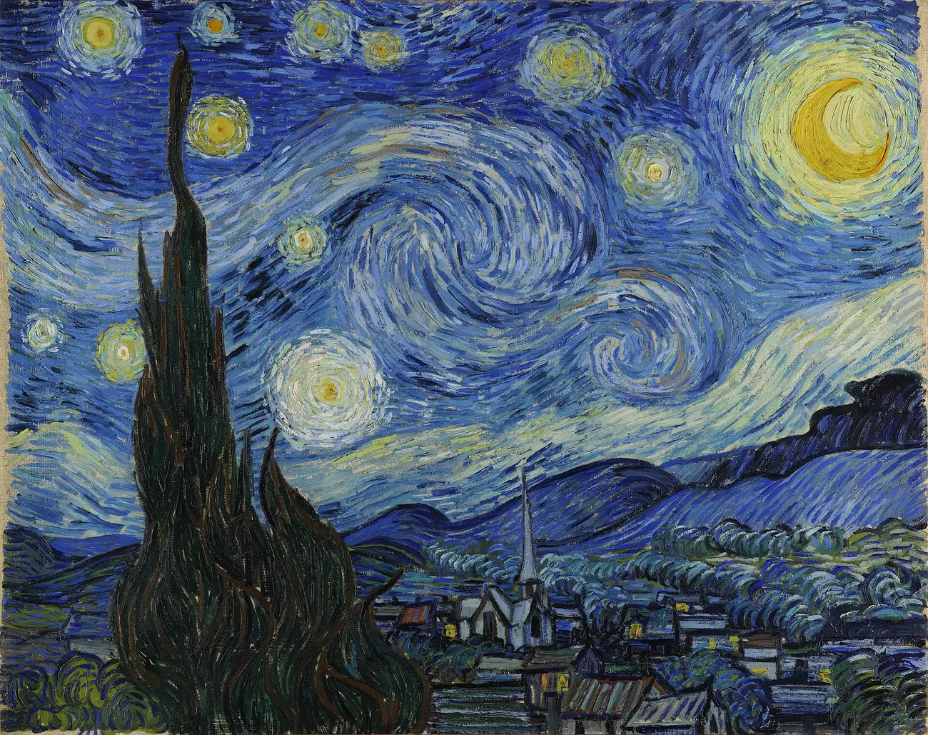 A Noite Estrelada, de Van Gogh: um céu azul em redemoinhos sobre uma vila adormecida, com um cipreste escuro subindo à esquerda e onze estrelas grandes com halo.