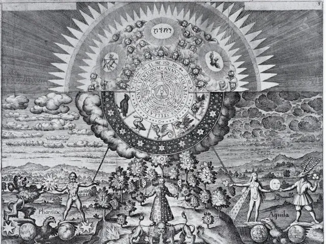 A Tábua de Esmeralda gravada por Matthäus Merian em 1618: o sol e a lua sobre uma paisagem, com os símbolos dos planetas em volta de uma placa de texto em latim.