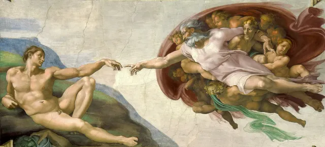 A Criação de Adão, de Michelangelo: Adão deitado estende a mão esquerda até quase tocar a mão direita de Deus.