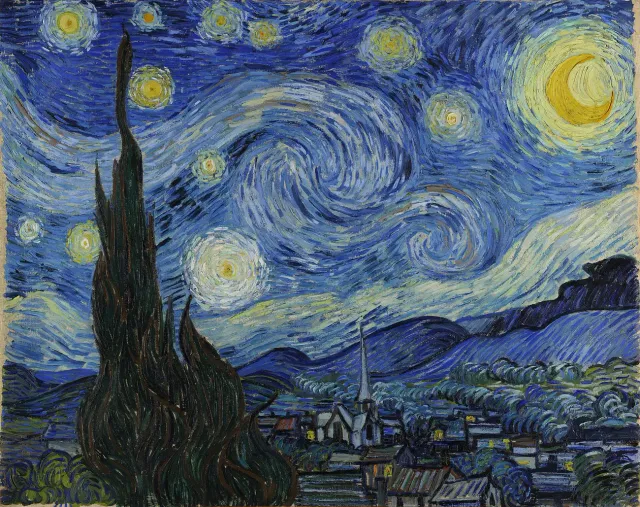 A Noite Estrelada, de Van Gogh: um céu azul em redemoinhos sobre uma vila adormecida, com um cipreste escuro subindo à esquerda.