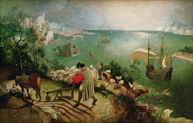Paisagem com a Queda de Ícaro: um lavrador ara o campo à beira-mar, um pastor olha para o céu, um navio passa, e no canto, quase escondidas, as pernas de Ícaro afundam na água.