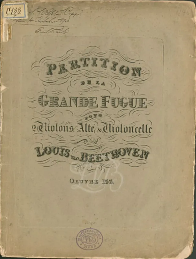 Folha de rosto da primeira edição da Grande Fuga, opus 133, publicada pela Artaria em Viena em 1827.