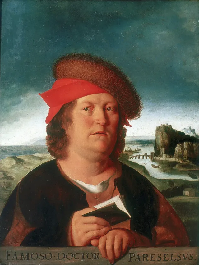 Retrato presumido de Paracelso, cópia do século XVII segundo Quentin Matsys: um homem de gorro de pele e lenço vermelho, casaco escuro, segurando um livro fechado contra o peito, com uma paisagem de rio, ponte e rochedo ao fundo.