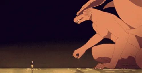 Kurama, a raposa gigante, estende o punho até Naruto, minúsculo sobre a água, que responde com o dele: o pacto entre os dois.