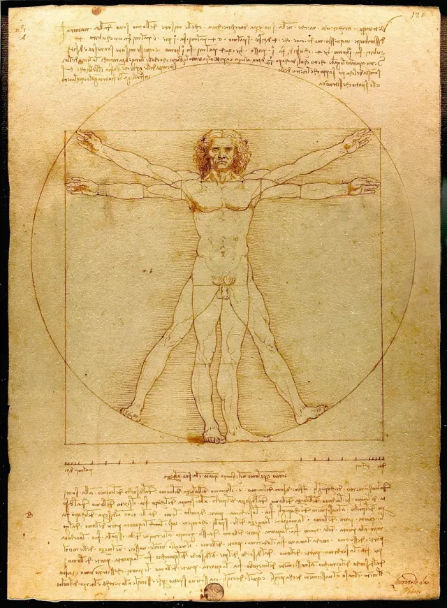O Homem Vitruviano, de Leonardo da Vinci: um homem de braços e pernas abertos, inscrito ao mesmo tempo num círculo e num quadrado.