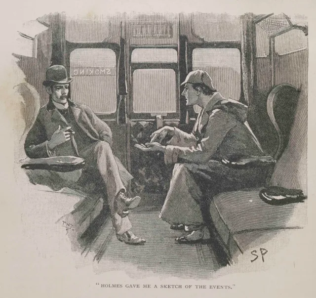 Ilustração de Sidney Paget para “Silver Blaze”: Holmes, de boné de caçador e capa, conversa com Watson num vagão de trem, frente a frente.