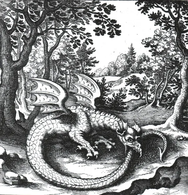 Ouroboros de uma gravura de 1625: um dragão alado mordendo a própria cauda, em círculo.
