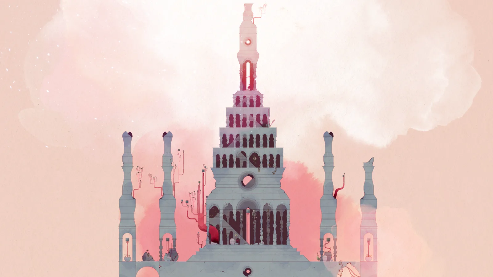 Captura de GRIS: uma torre branca de muitos andares, com torreões em volta, contra um céu de nuvens rosa e creme em aquarela; a moça é um ponto na base.