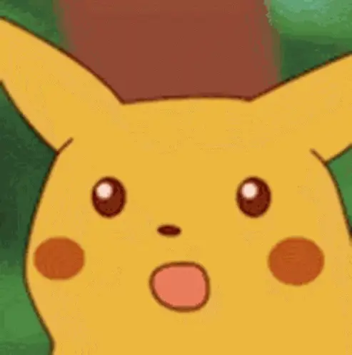 Pikachu de boca aberta e olhos arregalados, surpreso, enquanto a câmera se aproxima do rosto dele.