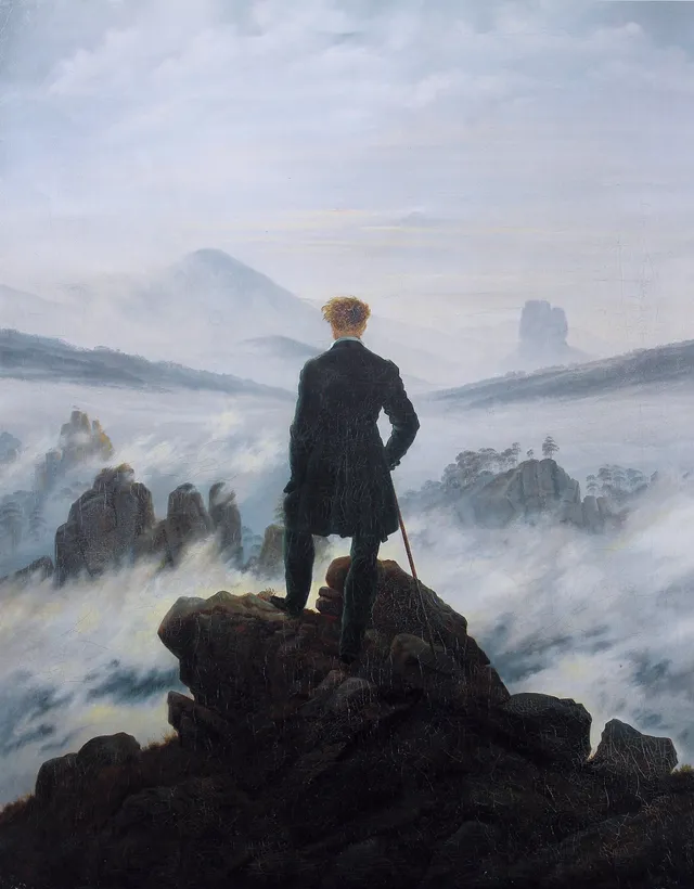 O Andarilho sobre o mar de névoa, Caspar David Friedrich, c. 1818 - de costas, olhando o que não sabe