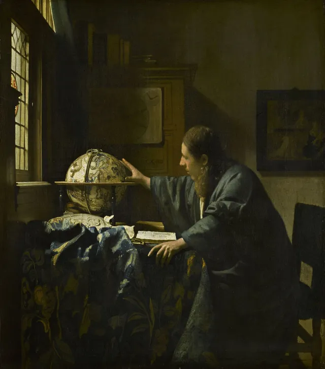 O Astrônomo, Vermeer, 1668, Louvre: o estudioso, o globo, a mão em cima - pensa, prova, toma forma, e o autor está presente