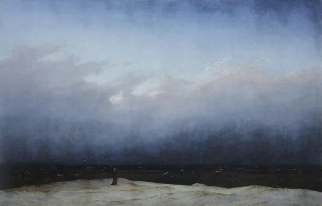 Monge à beira-mar, Caspar David Friedrich, 1808-1810 - uma figura mínima diante do mar e do céu, sem nada entre ela e o vazio